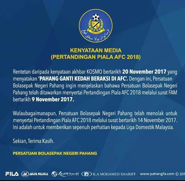 Ini Sebabnya Pahang Menolak Beraksi Di Piala AFC 2018! Ini Sebabnya Pahang Menolak Beraksi Di Piala AFC 2018!